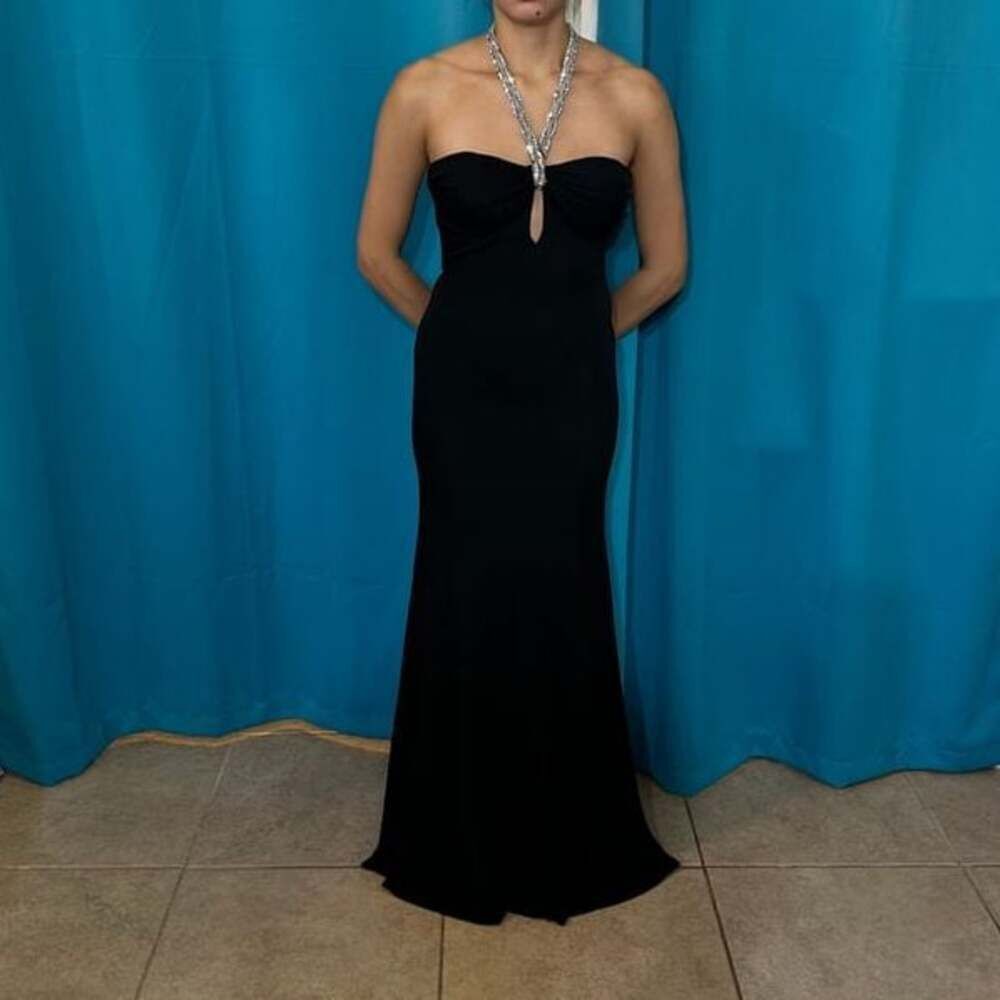 Betsy&Adam Strapless Bejeweled Maxi Dress with Front Keyhole Detail